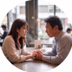 歳の差結婚の不安について真剣な表情で話し合い、カフェで手を重ねて支え合う歳の差カップルの画像
