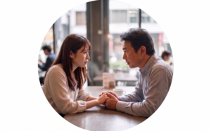 歳の差結婚の不安について真剣な表情で話し合い、カフェで手を重ねて支え合う歳の差カップルの画像