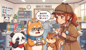 探偵姿の女性と動物キャラクターがオフィスにいるイラスト。眼鏡をかけた柴犬が、泣き顔のパンダが描かれた小さな額縁を手に持ち、悲しげな表情で上部を向いている。その柴犬の横から「あの子がいなくなって、寂しいよ！」という吹き出しが出ている。手前には泣いているパンダとリスがおり、背景の壁には「企業・個人信用調査 西日本リサーチ株式会社」と書かれた看板が掲げられている。福岡での中途採用における前職調査（リファレンスチェック）のイメージ。
