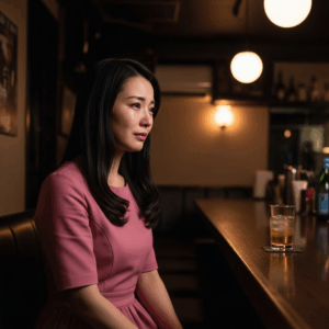 涙をこらえる女性が一人でバーに座っている様子