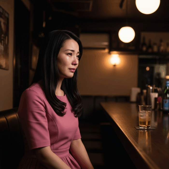 涙をこらえる女性が一人でバーに座っている様子