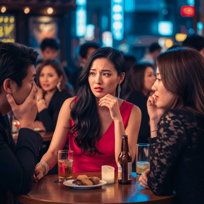 浮気の話題に驚く女性たちがバーで真剣に話し合う様子