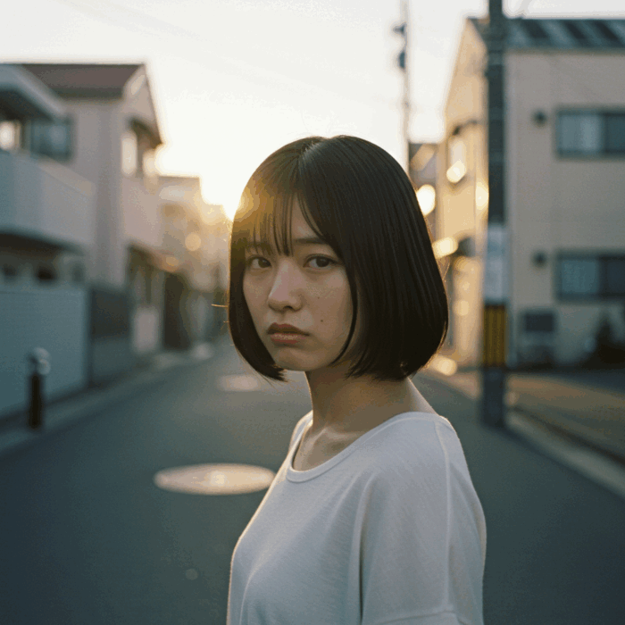 夕暮れの住宅街に佇む若い女性の不安げな表情