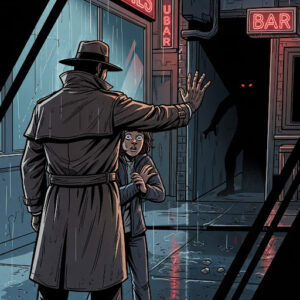 探偵がガールズバー前で怯える女性を守るシーン（ストーカーからの保護を示唆）