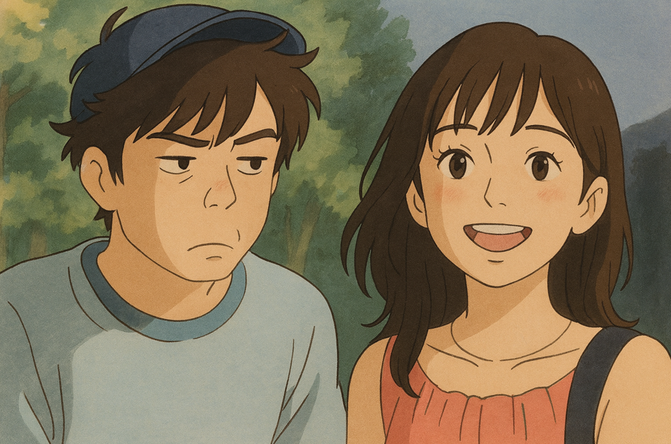 ジブリ風に描かれた男女キャラクターが並ぶイラスト。男性はキャップ姿で落ち着いた表情、女性は明るい笑顔で自然体に描かれている。