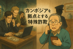 カンボジア拠点の特殊詐欺を描いたイラスト。暗いコールセンターで電話をかける詐欺グループと、不安そうに電話を受ける日本の高齢男性が対比的に描かれている。