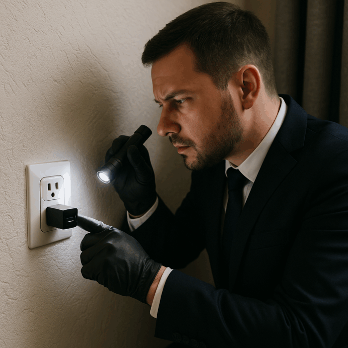 盗聴器を探知するために機材を使用する調査のイメージ