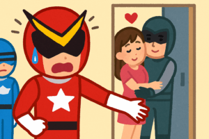 特撮ヒーローを象徴するシルエットが密かに寄り添う様子を描いたイラスト。不倫疑惑を示唆する報道向けイメージ。