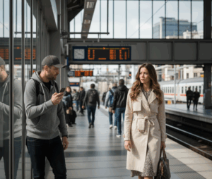 駅のホームで不審な男性に後をつけられる女性。探偵がストーカー調査で確認した実際の現場イメージ。