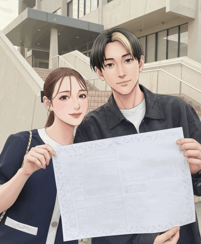 結婚届けを手に微笑む男女のイラスト。交際0日婚を象徴するオープンマリッジのイメージ。