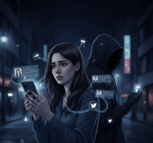 夜道でスマホを見つめ不安げな女性と、背後でSNSを操作するフード姿の人物を描いたイラスト。SNSでの監視やストーカー被害を象徴している。