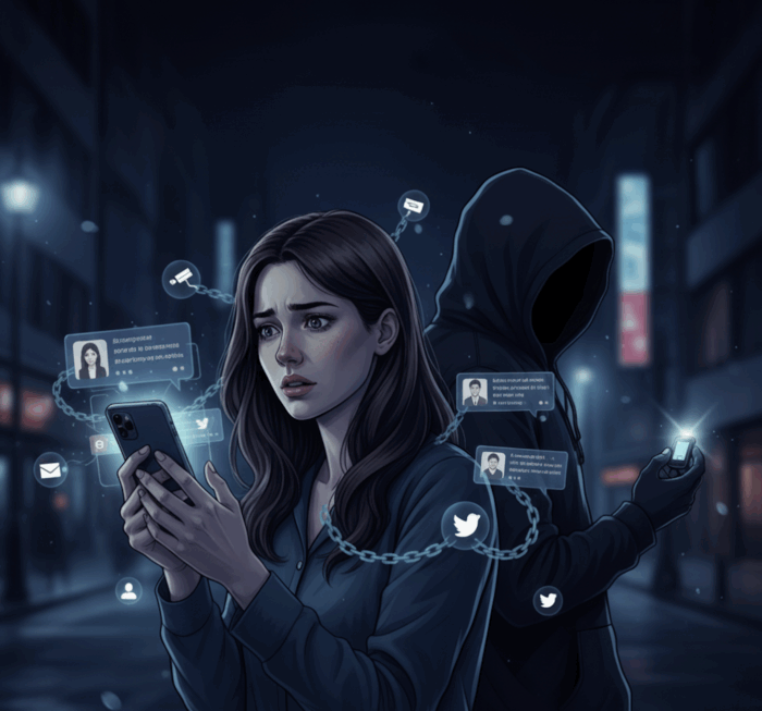 夜道でスマホを見つめ不安げな女性と、背後でSNSを操作するフード姿の人物を描いたイラスト。SNSでの監視やストーカー被害を象徴している。
