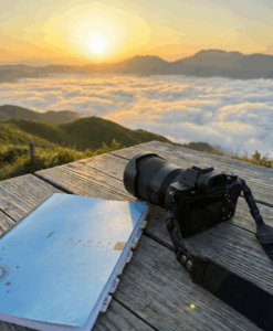雲海と朝日を背景に置かれた調査報告書とカメラ（熊本の探偵・西日本リサーチ）
