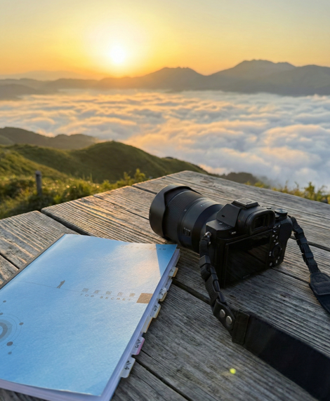 雲海と朝日を背景に置かれた調査報告書とカメラ(熊本の探偵・西日本リサーチ)