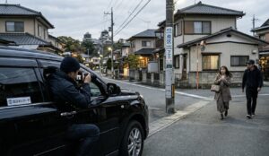 住宅街で張り込み車両から撮影を行い、ストーカー対策のため状況確認をする探偵の現場イメージ