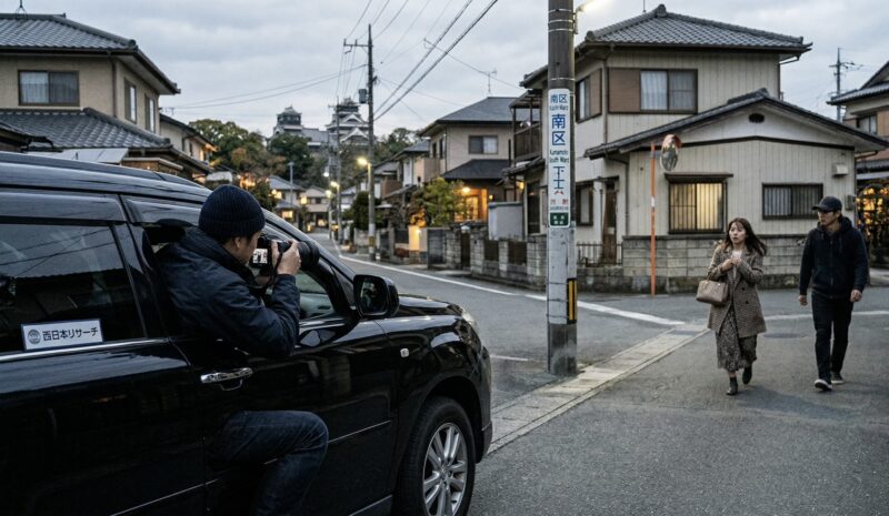 住宅街で張り込み車両から撮影を行い、ストーカー対策のため状況確認をする探偵の現場イメージ