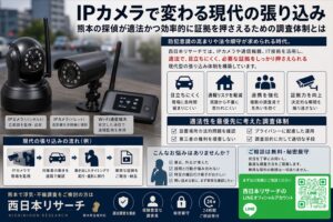 机の上に置かれたIPカメラ2台とWi-Fi通信端末を手に持つ探偵の機材写真