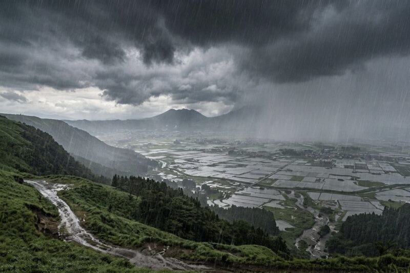 阿蘇の高台から見た豪雨の景色。黒い雲と激しい雨が広がる梅雨時期の自然風景