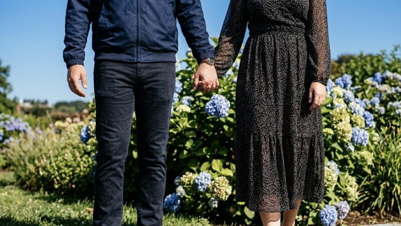 梅雨の時期に紫陽花の前で手をつなぐ男女の後ろ姿をイメージした不倫・浮気調査向け写真