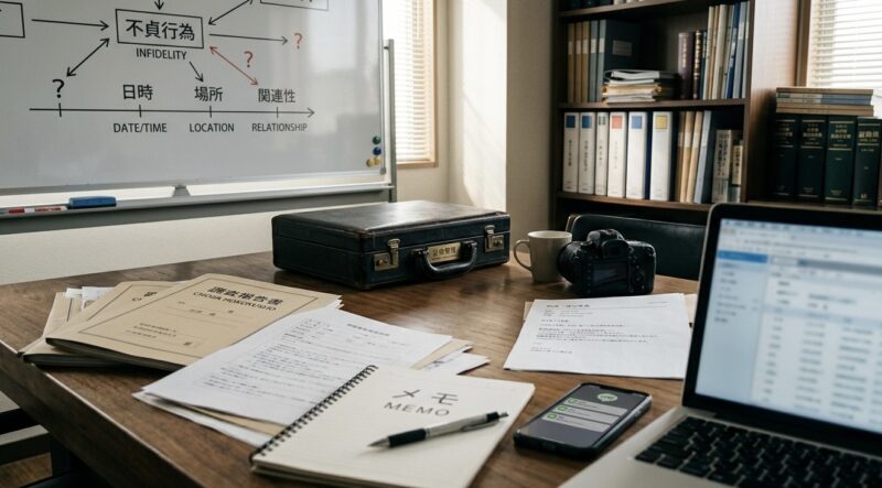 不貞行為の証拠整理や時系列の確認を行う調査資料とパソコンが並ぶ探偵事務所の机